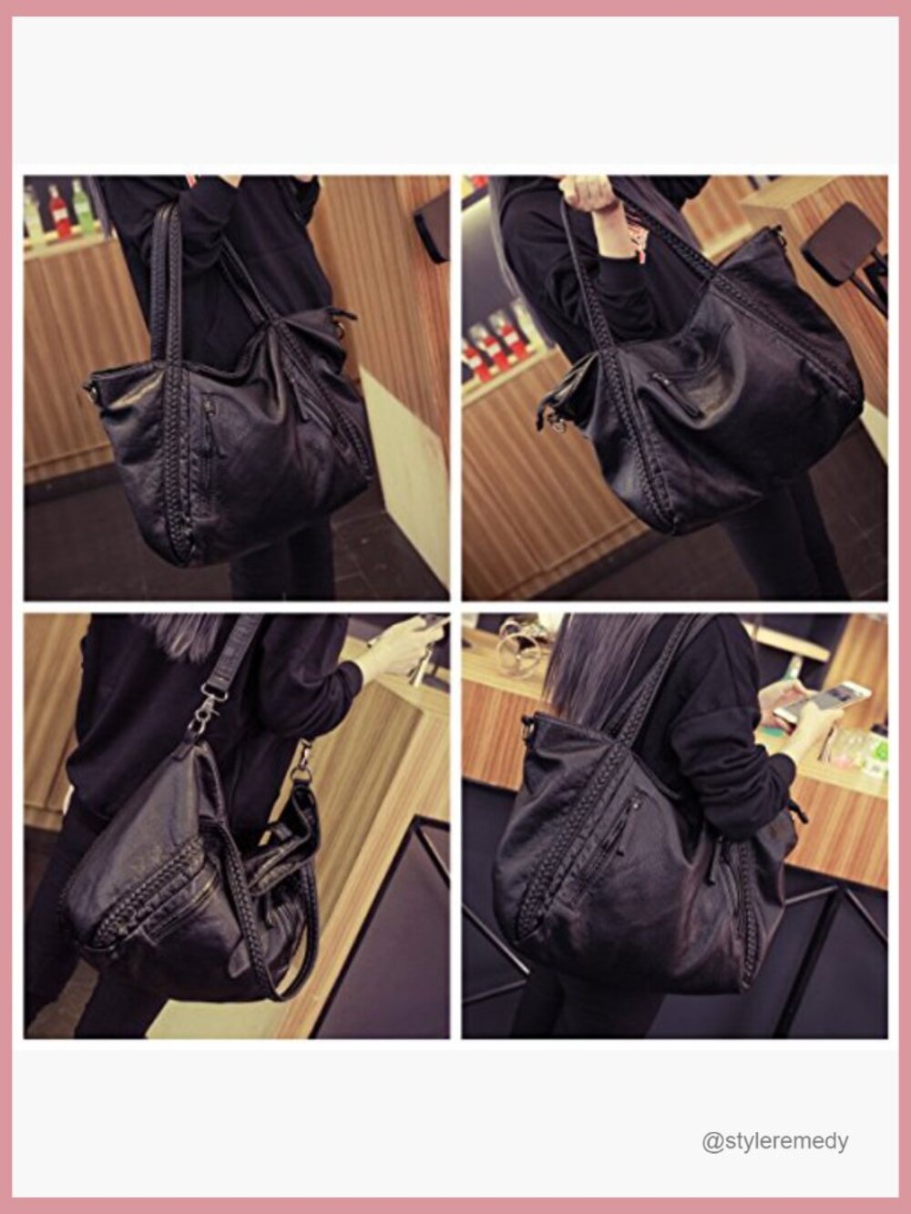 Slouchy Vegan Leather Hobo Bag - Oversized Shoulder Purse with Braided Handle - Picture 2 of 6
